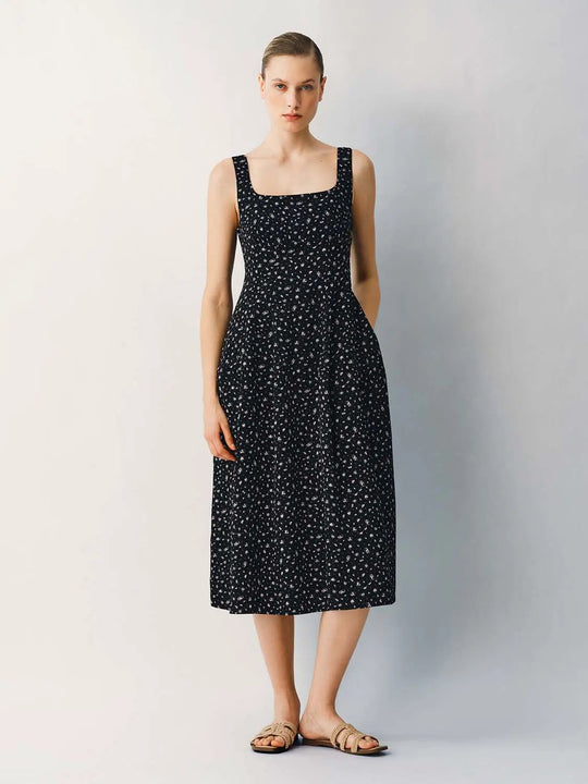 Non-Stretch Lined Floral Print A-Line Midi Dress
