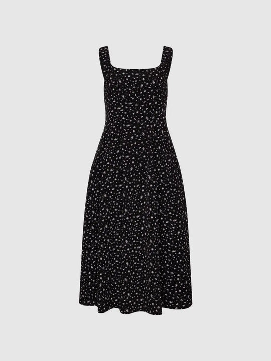 Non-Stretch Lined Floral Print A-Line Midi Dress