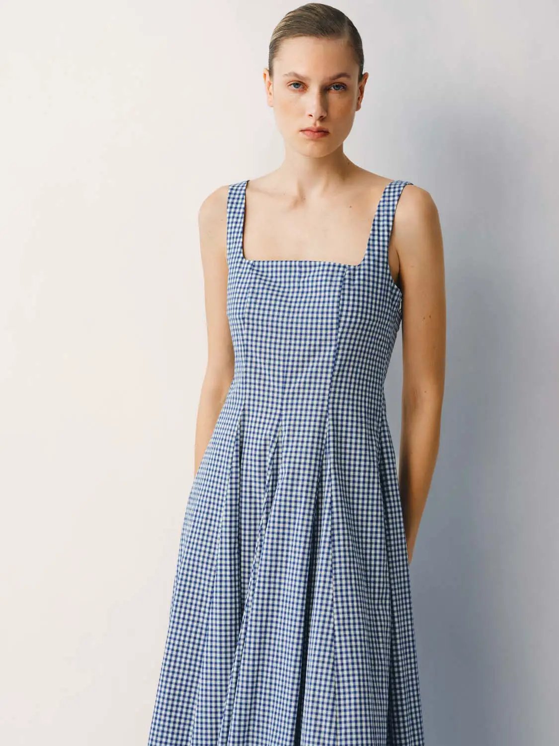 Cotton Gingham Textured Weave Strappy A-Line Maxi Dress in blue-and-white checks.