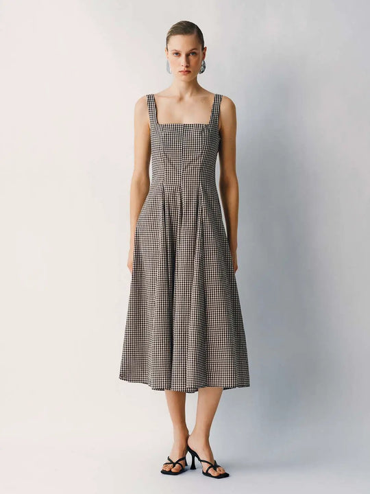 Cotton Gingham Textured Weave Strappy A-Line Maxi Dress
