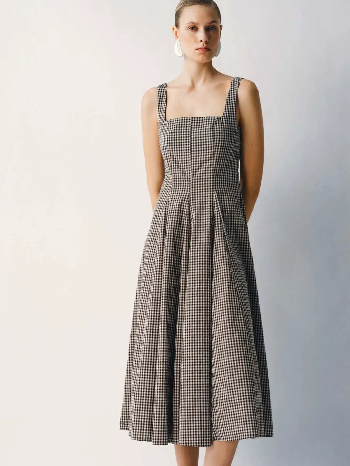 Cotton gingham textured weave strappy A-line maxi dress in black-and-white check