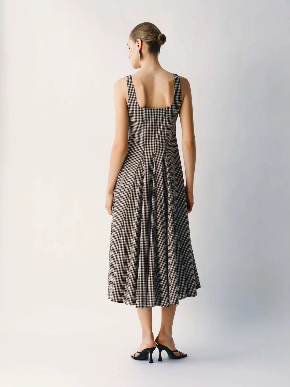 Cotton Gingham Textured-Weave Strappy A-Line Maxi Dress by Urban Revivo in black and white