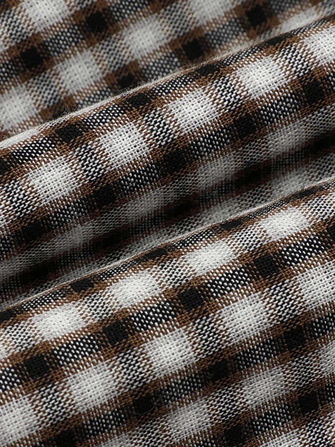 Cotton gingham textured weave dress fabric in brown and white for an A-line maxi dress