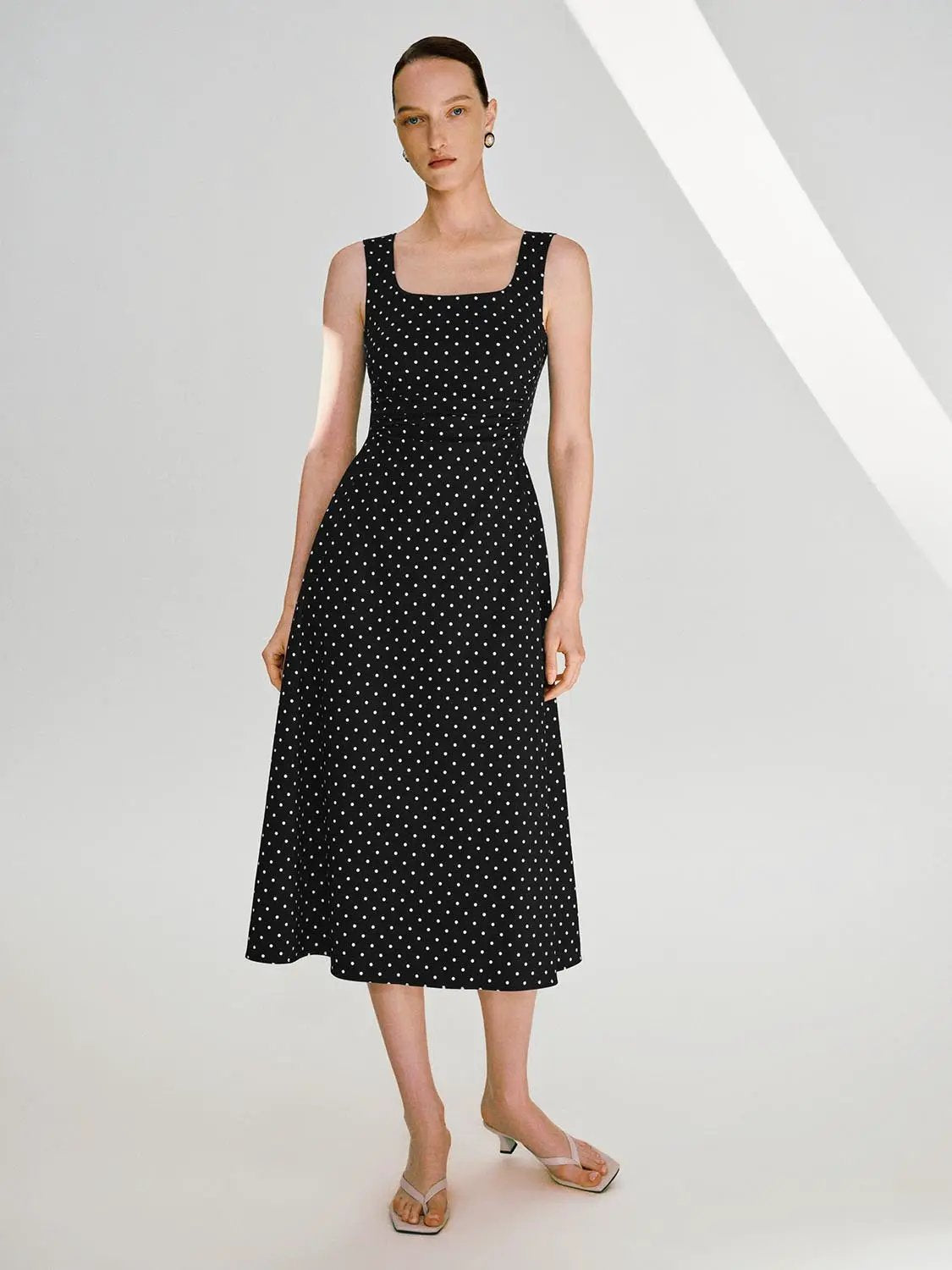 Polka Dot Knit Sleeveless A-line Dress in black with white dots, Urban Revivo Fashion