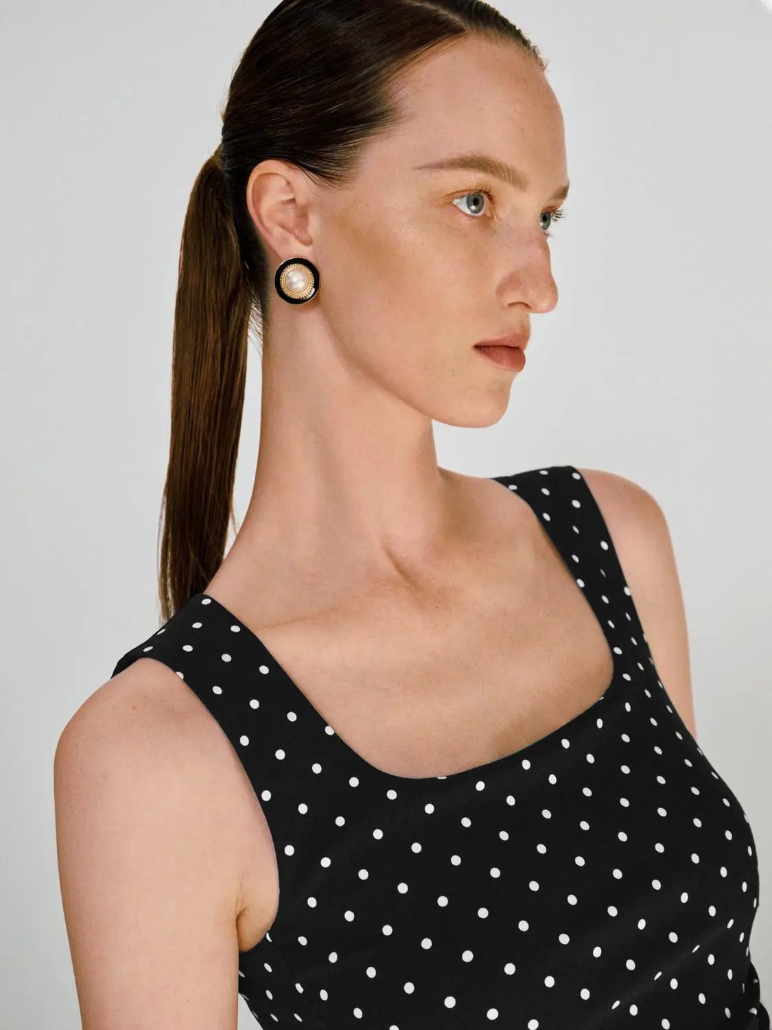 Polka Dot Knit Flattering Fit Sleeveless A-line Dress, black with white polka dots