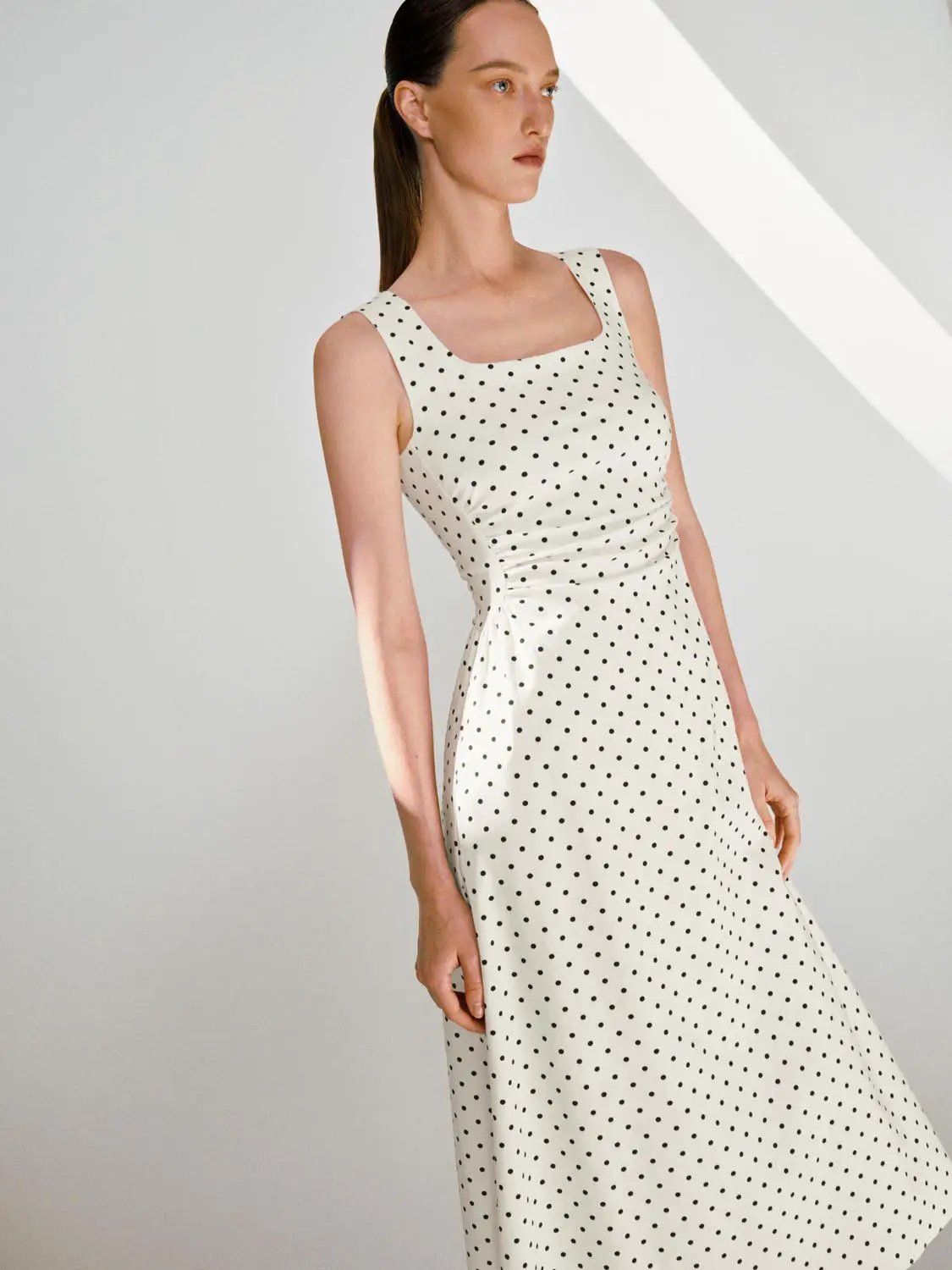 Polka Dot Knit Sleeveless A-Line Dress by Urban Revivo Fashion; ivory with black polka dots