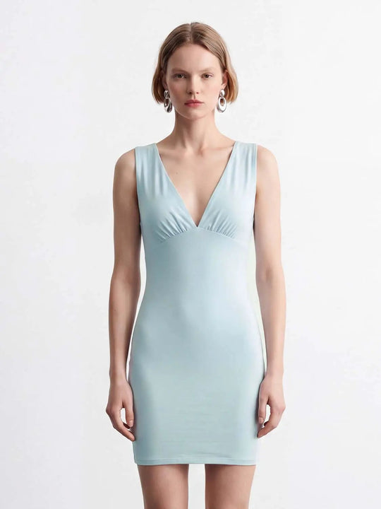 Modal Blend V-Neck Sleeveless Stretch Fabric Easy Care Bodycon Mini Dresses