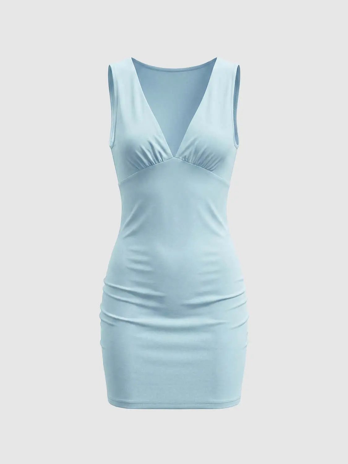 Skinny-fit dress by Urban Revivo Fashion in light blue, sleeveless with V-neck and ruched waist.