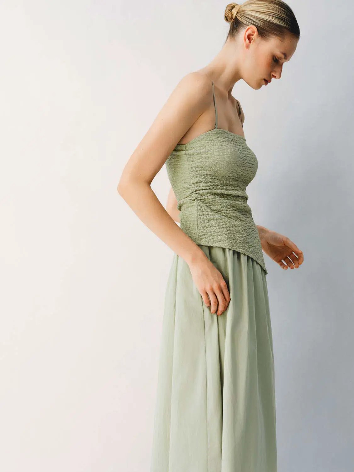 Thin stretch fabric spaghetti-strap A-line midi dress in sage green by Urban Revivo Fashion