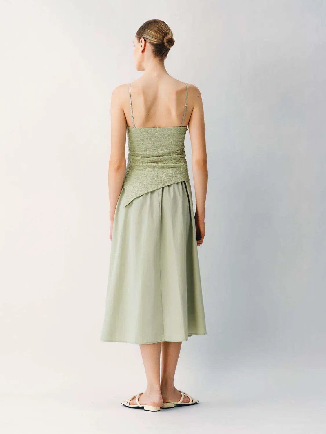 Thin Stretch Fabric Strappy A-Line Midi Dress in olive green with spaghetti straps, smocked bodice and wrap detail.