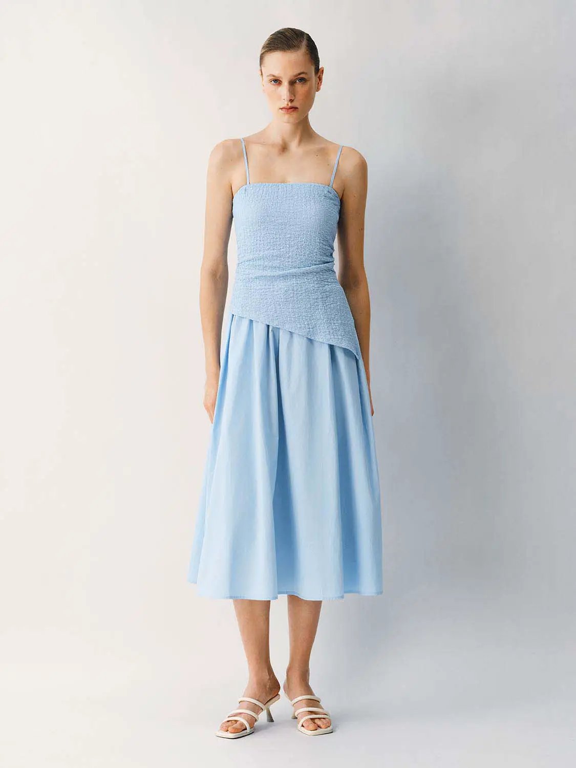 Thin Stretch Fabric Strappy A-Line Midi Dress in light blue with spaghetti straps