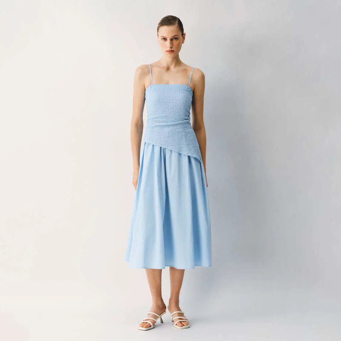 Thin Stretch Fabric Strappy A-Line Midi Dress, light blue, Urban Revivo Fashion