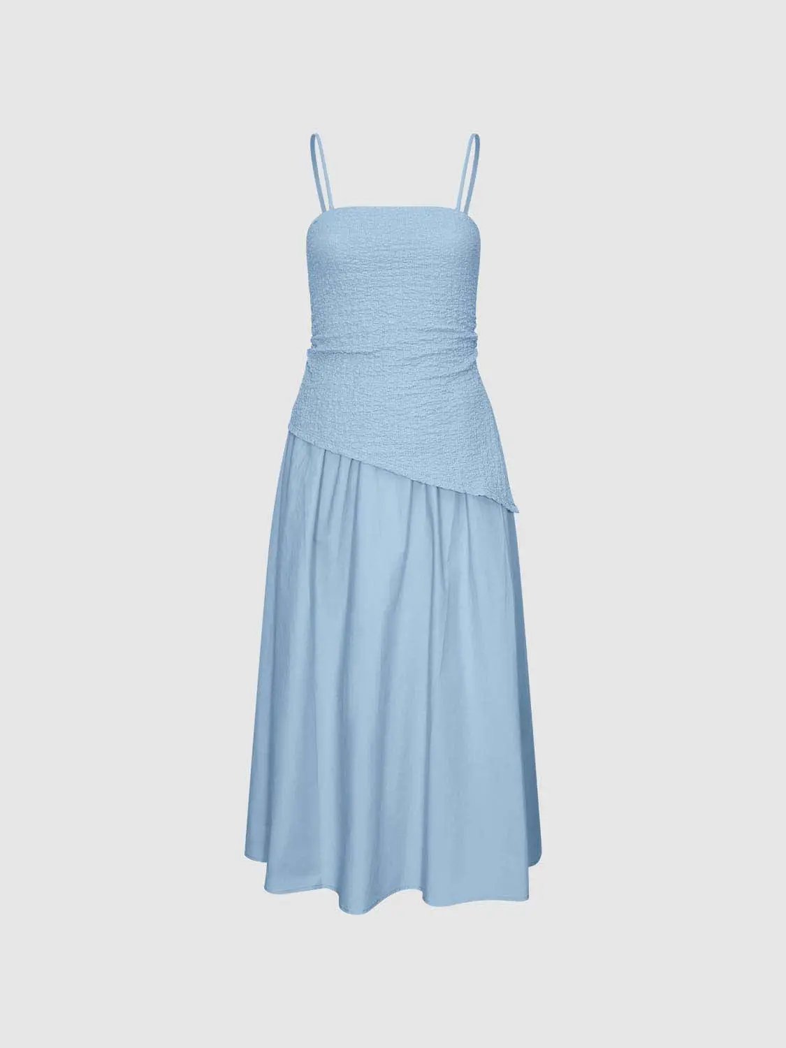Thin Stretch Fabric Strappy A-Line Midi Dress in light blue