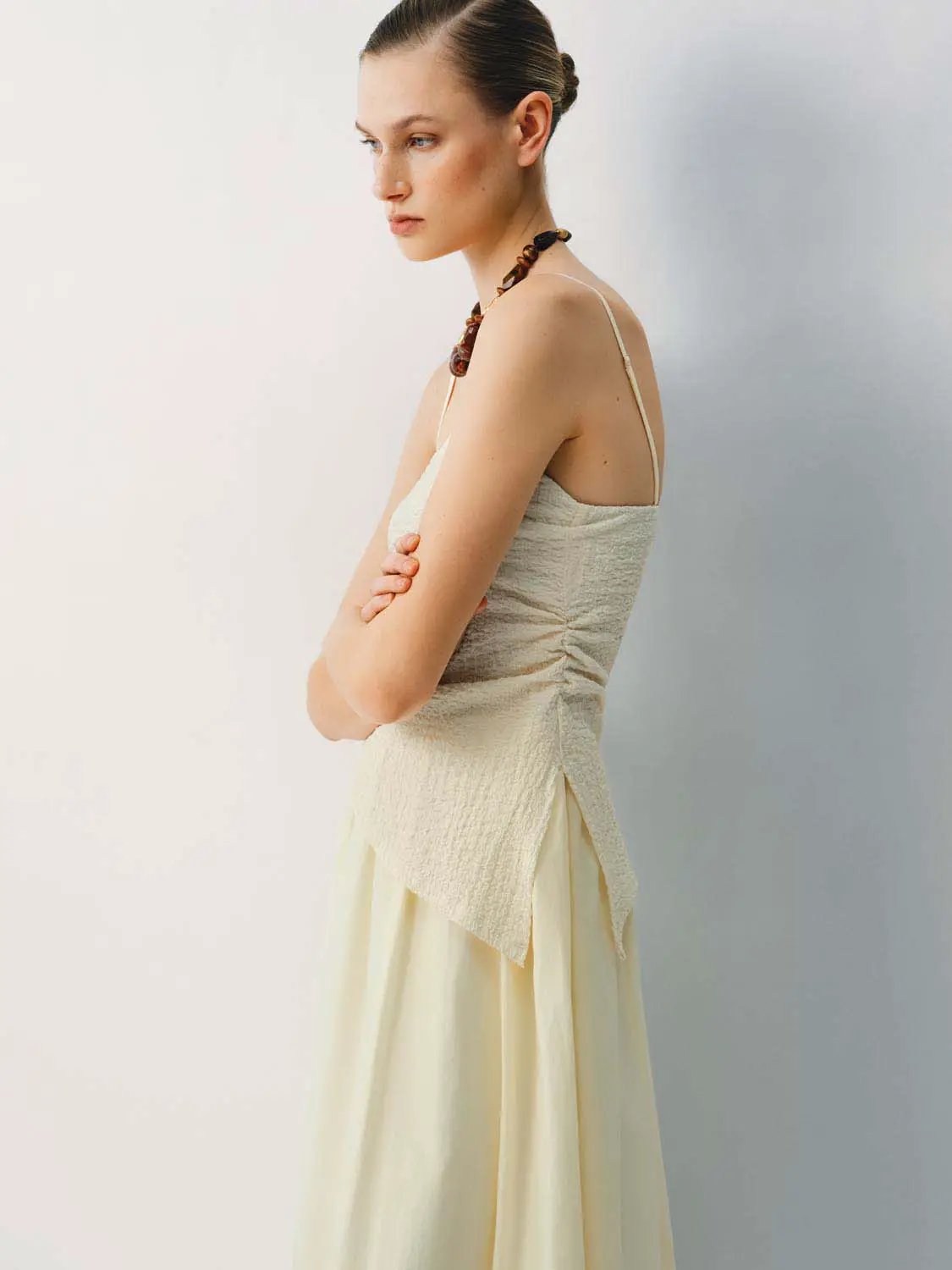 Cream thin-stretch fabric strappy A-line midi dress by Urban Revivo Fashion