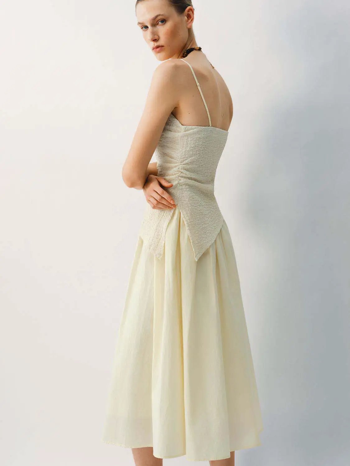 Thin Stretch Fabric Strappy A-Line Midi Dress in ivory by Urban Revivo Fashion