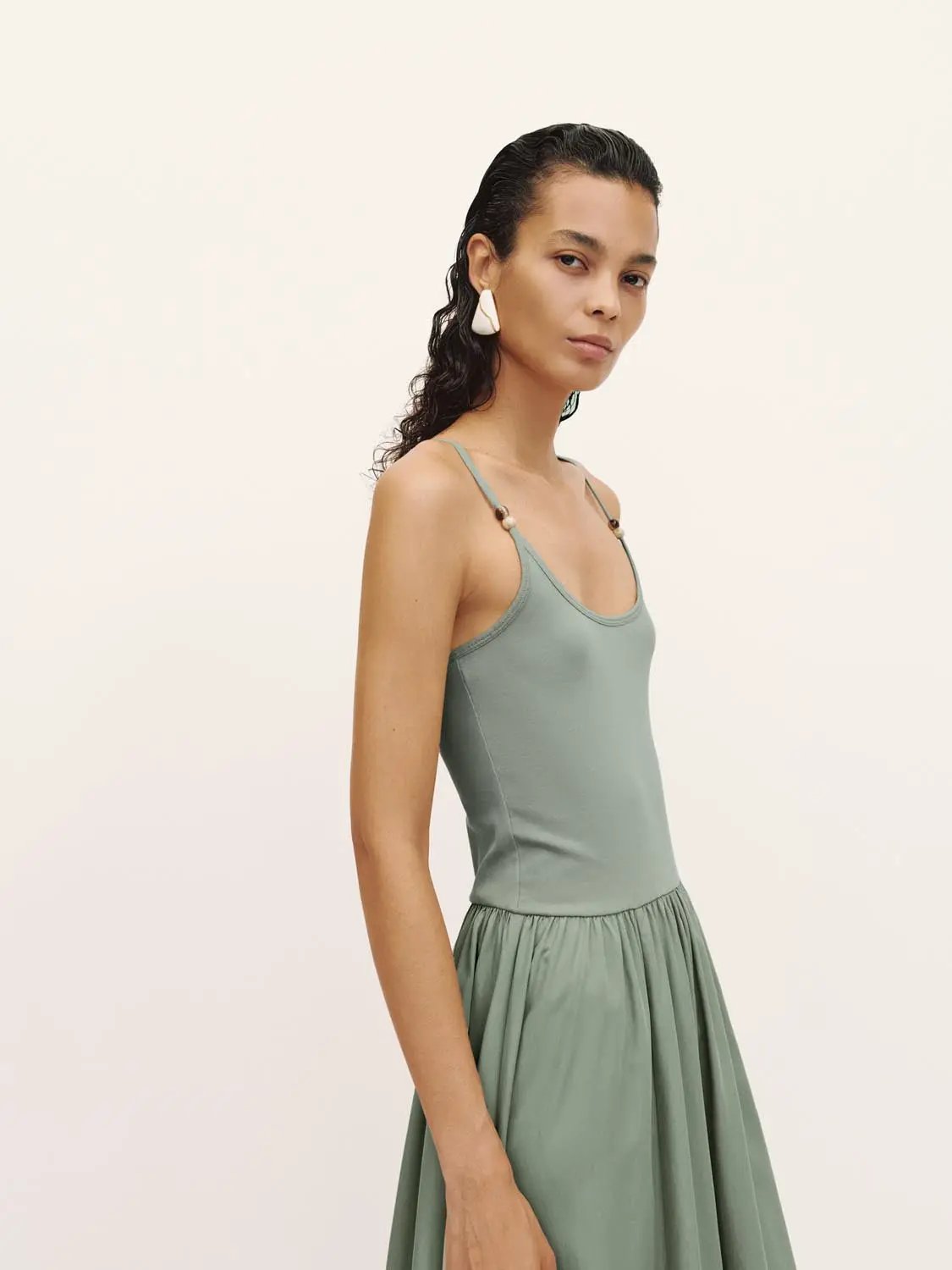 A-Line dress in sage green with beaded spaghetti straps