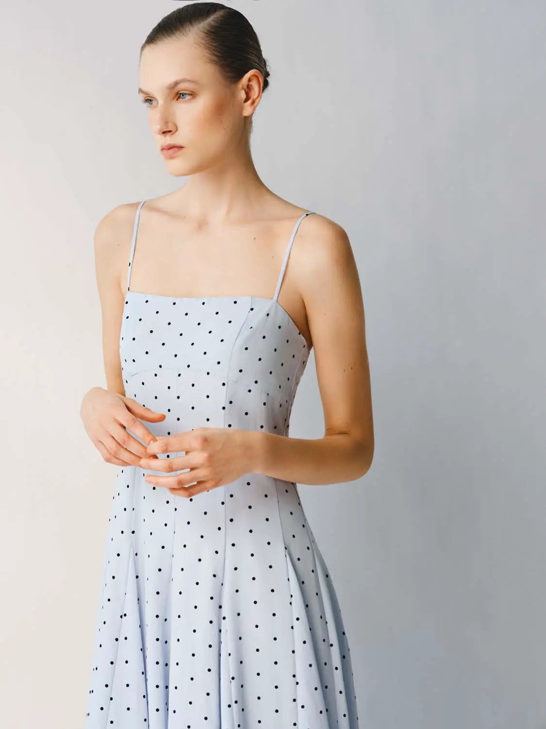 Polka Dot A-Line Dress in pale blue with black dots and delicate spaghetti straps
