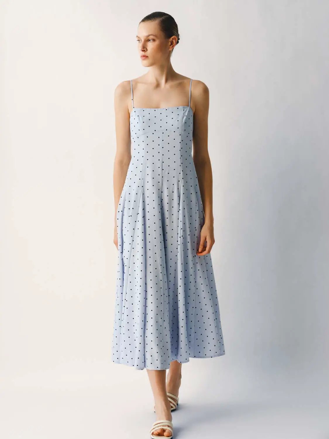 Polka Dot A-line Dress by Urban Revivo Fashion in pale blue with black dots and spaghetti straps