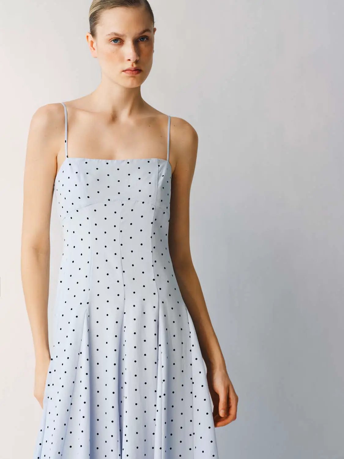 Polka Dot A-Line Dress in light blue with thin spaghetti straps