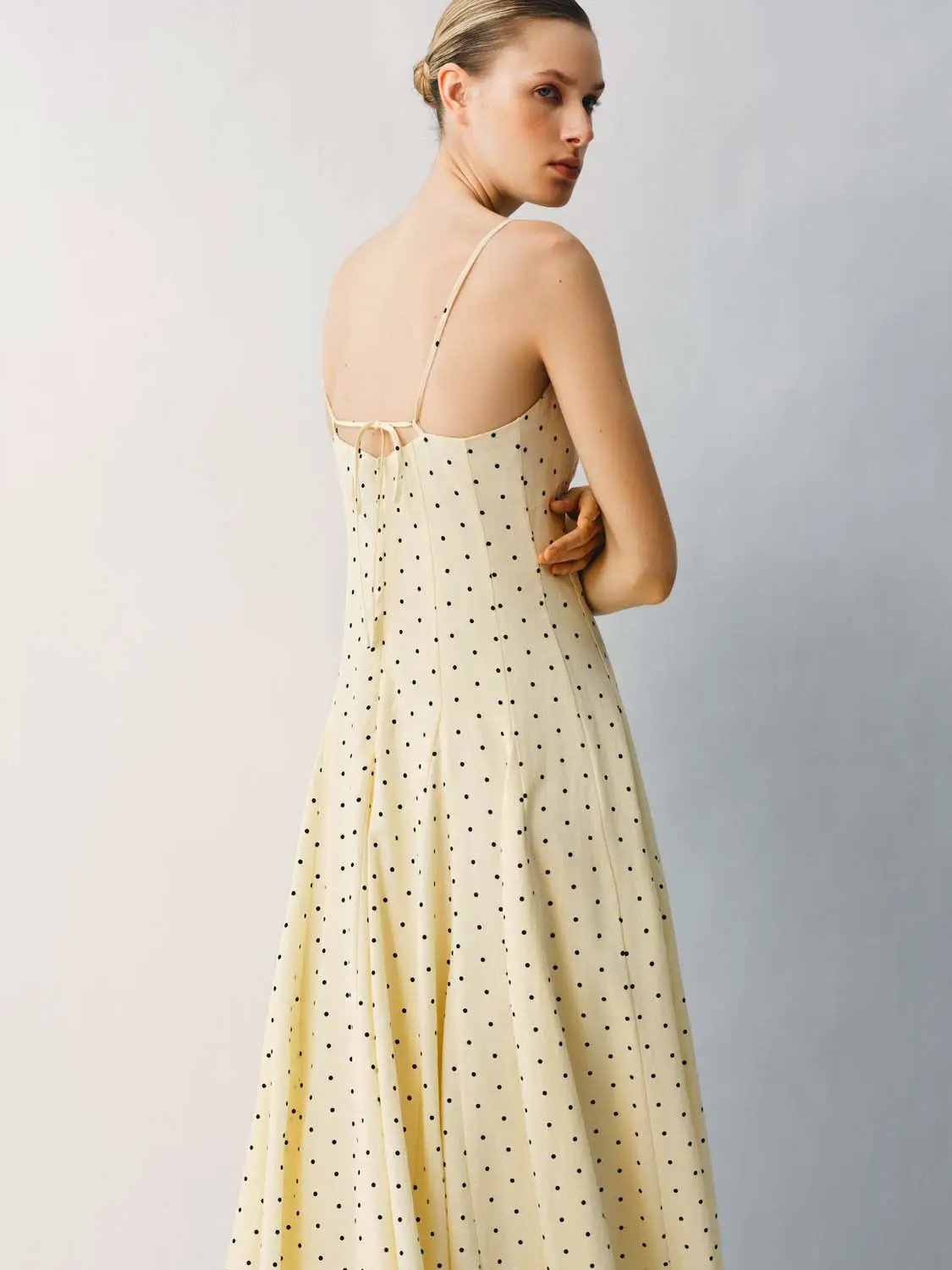 Polka Dot A-Line Dress, cream fabric with tiny black dots, spaghetti straps and back tie.
