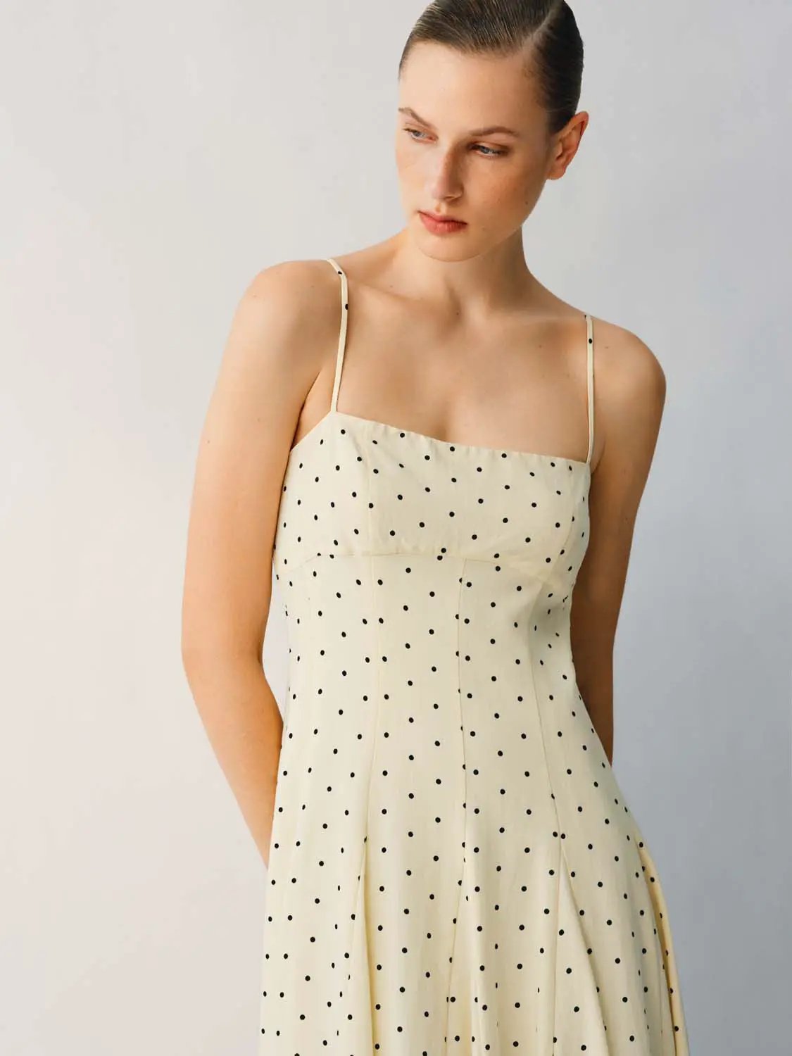 Polka Dot A-line Dress, cream with small black dots, spaghetti-strap neckline.