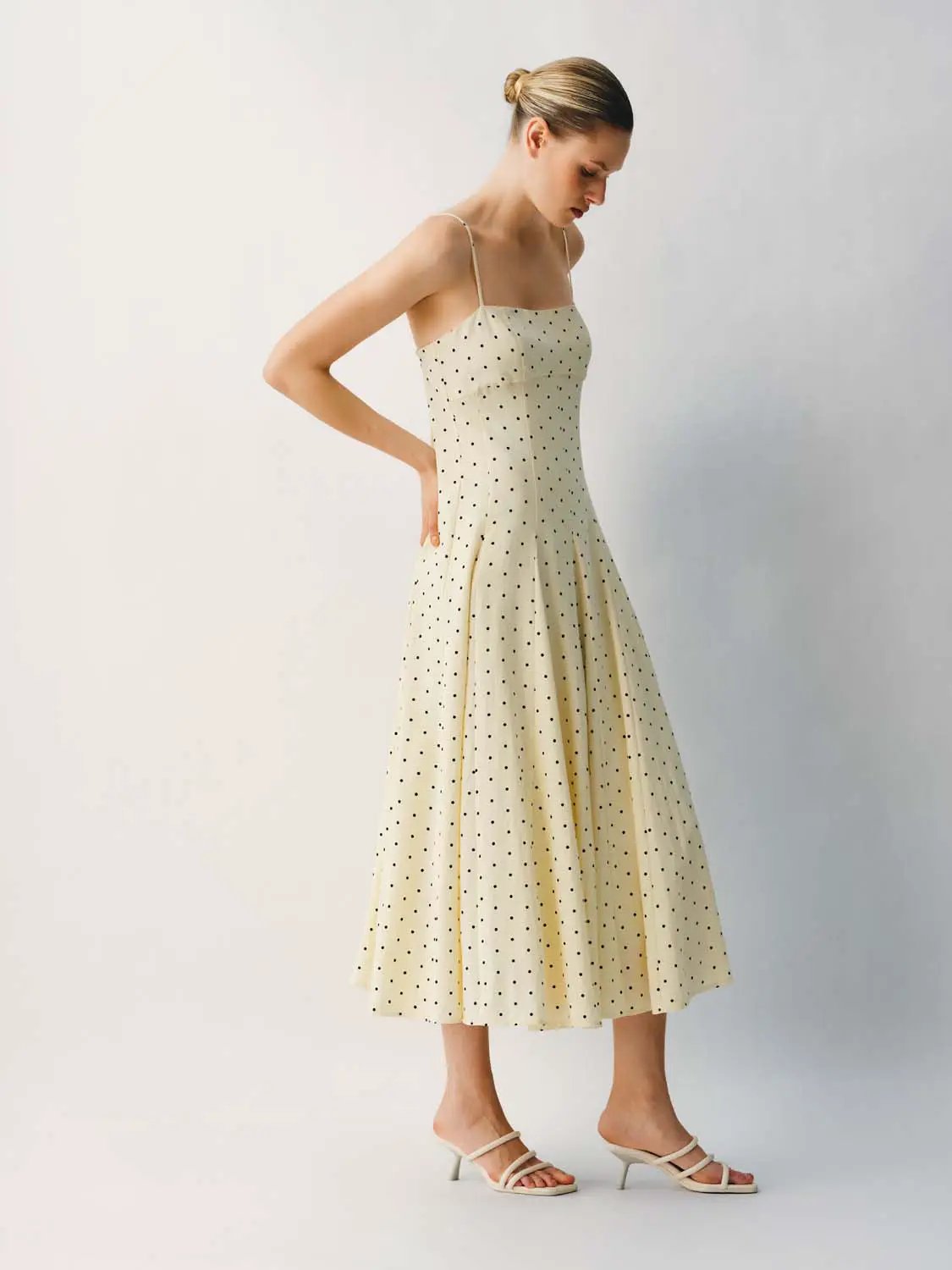 Polka Dot A-Line Dress by Urban Revivo Fashion, cream with black dots, spaghetti straps, midi length.