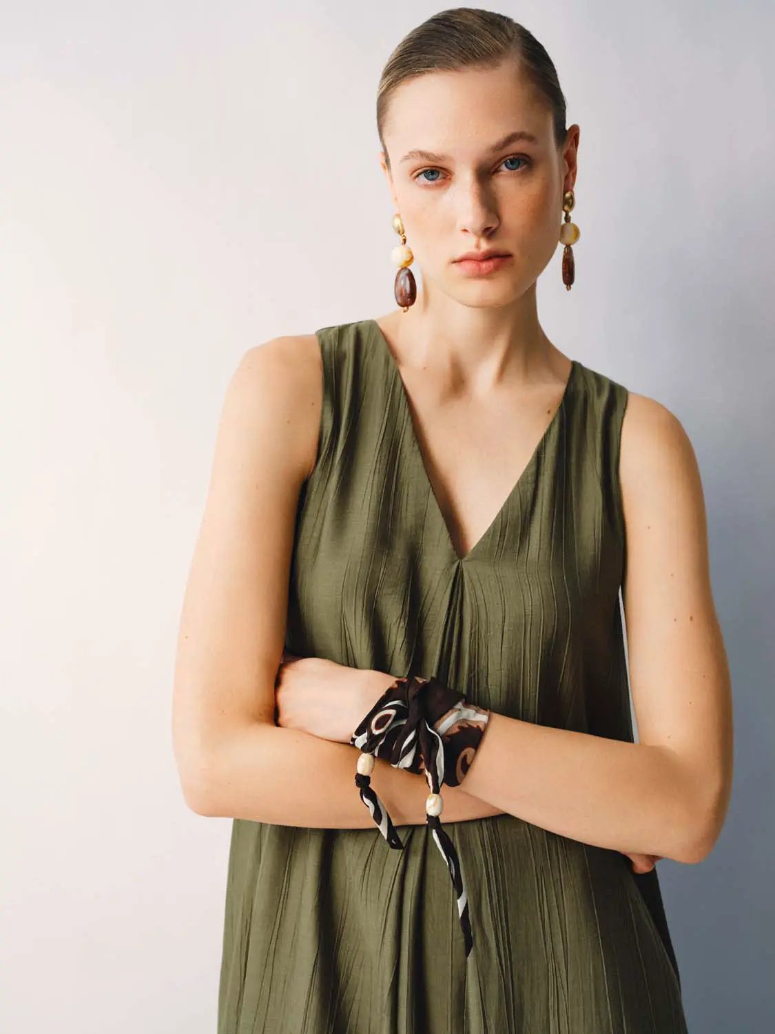 Slight Stretch A-Line Dress in olive green lightweight fabric by Urban Revivo Fashion.