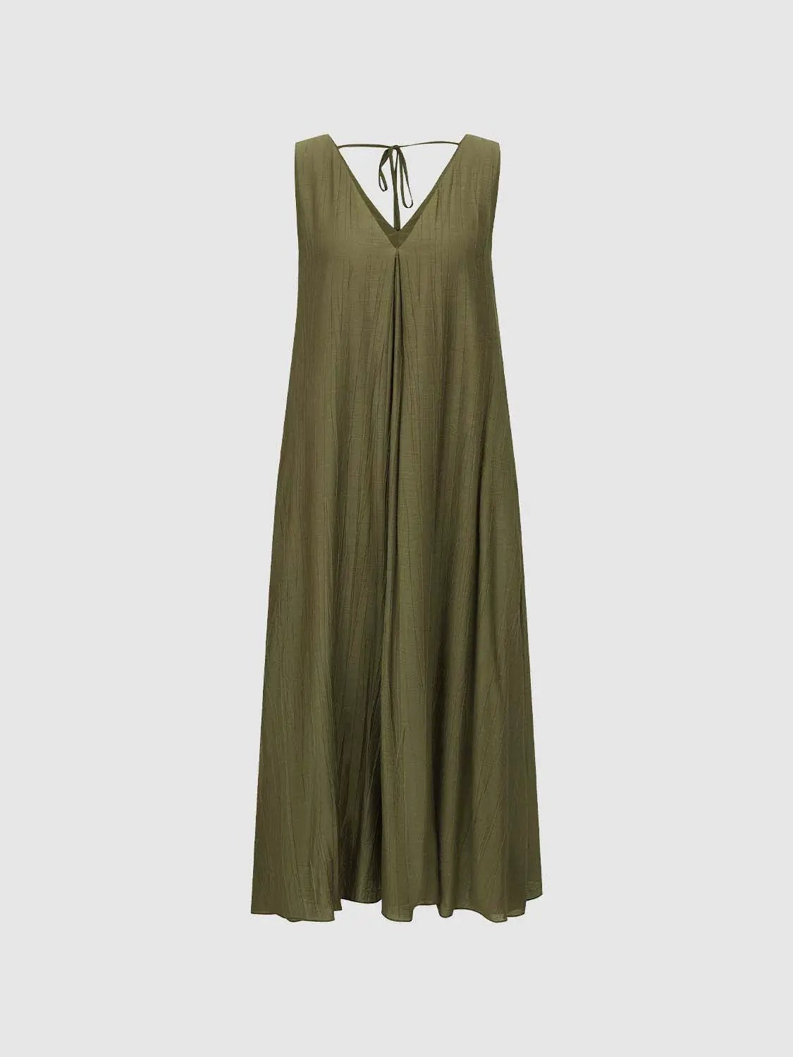 Olive green slight-stretch A-line dress in lightweight fabric; maxi length with V-neck and tie-back detail