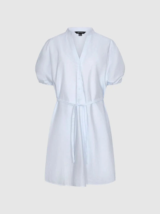 Puff Sleeve Belted Button Down Shirt Straight Midi Dress
