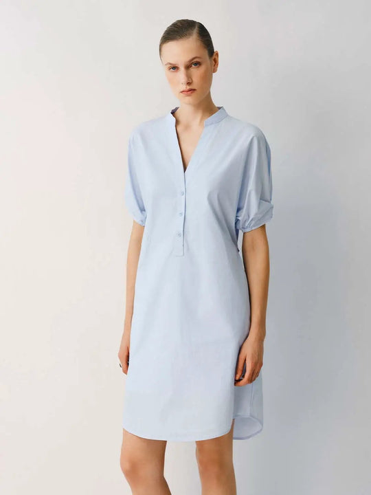 Puff Sleeve Belted Button Down Shirt Straight Midi Dress