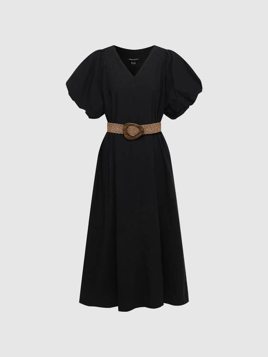 Cotton Puff-Sleeve Belt Detail A-Line Midi Dress