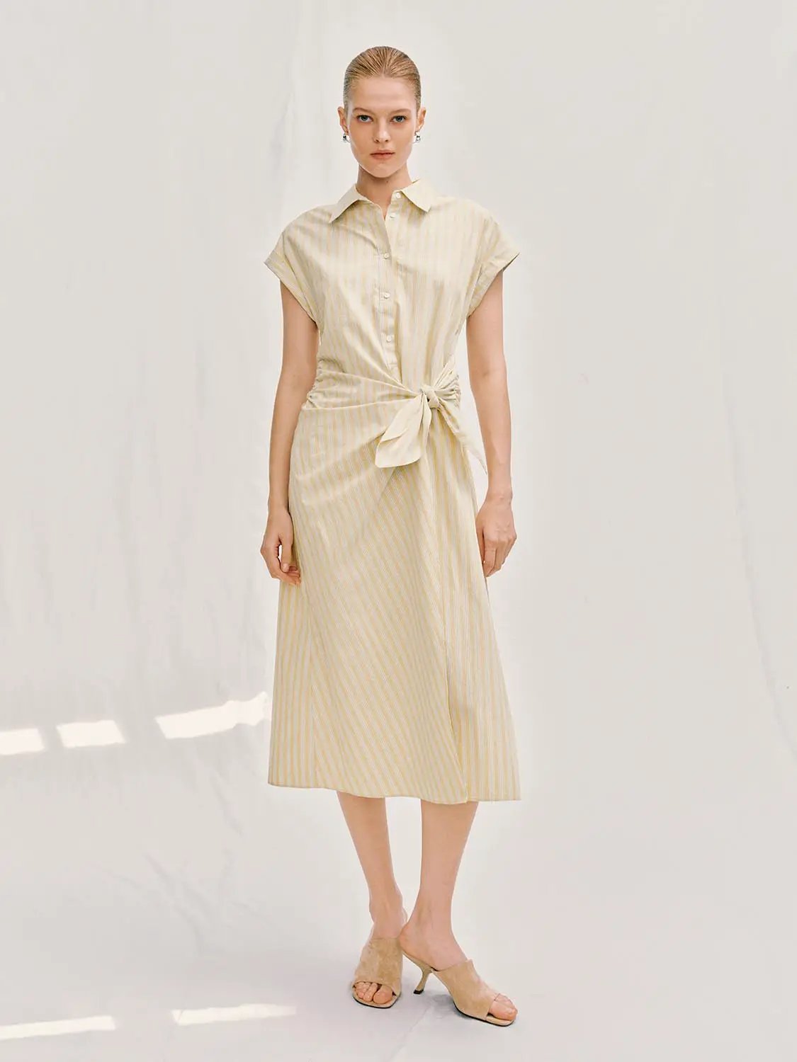 A-Line Dress beige striped shirt dress with waist tie byUrban Revivo Fashion
