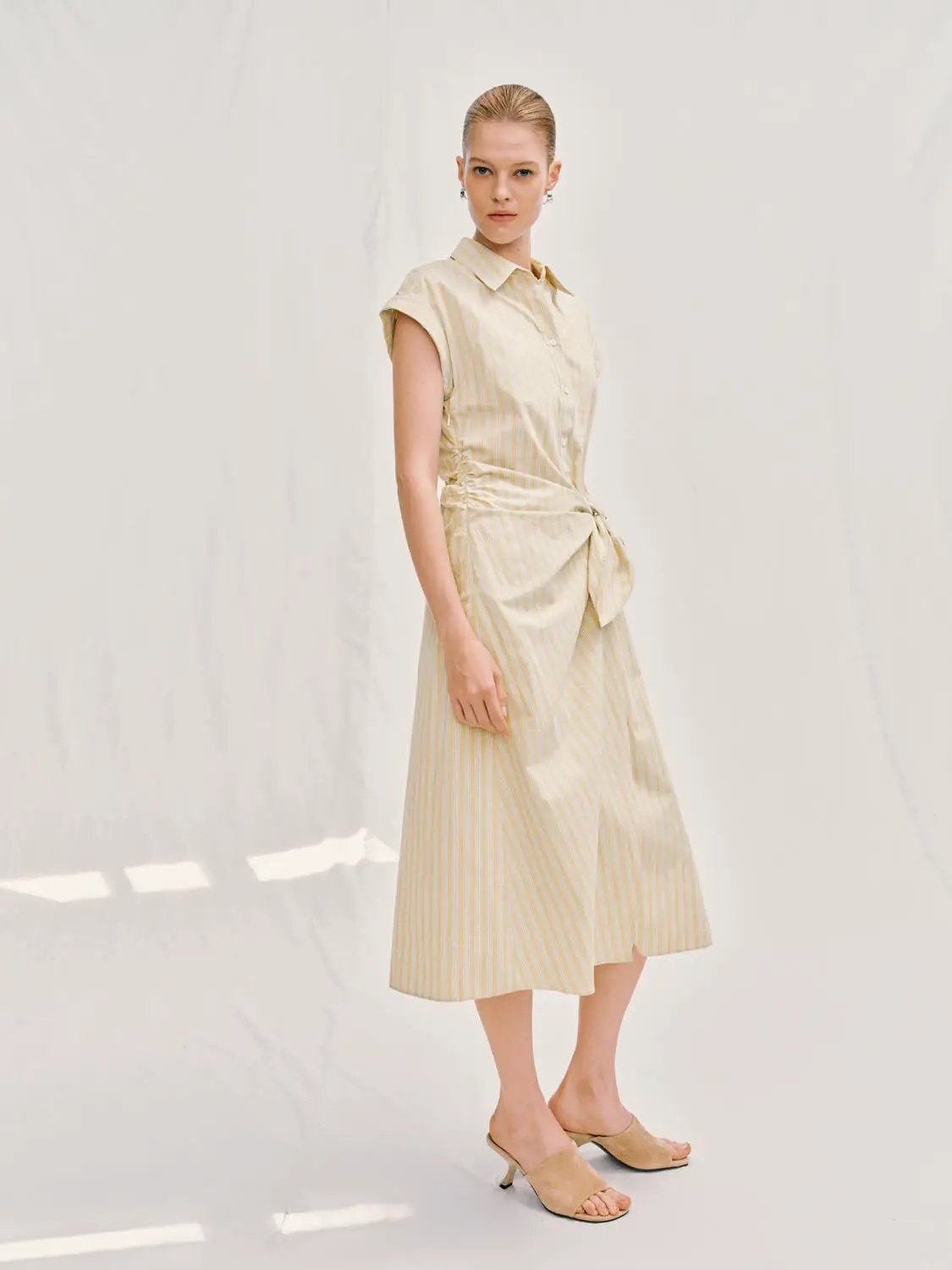 A-Line dress by Urban Revivo Fashion in beige striped fabric with waist-tie, midi length