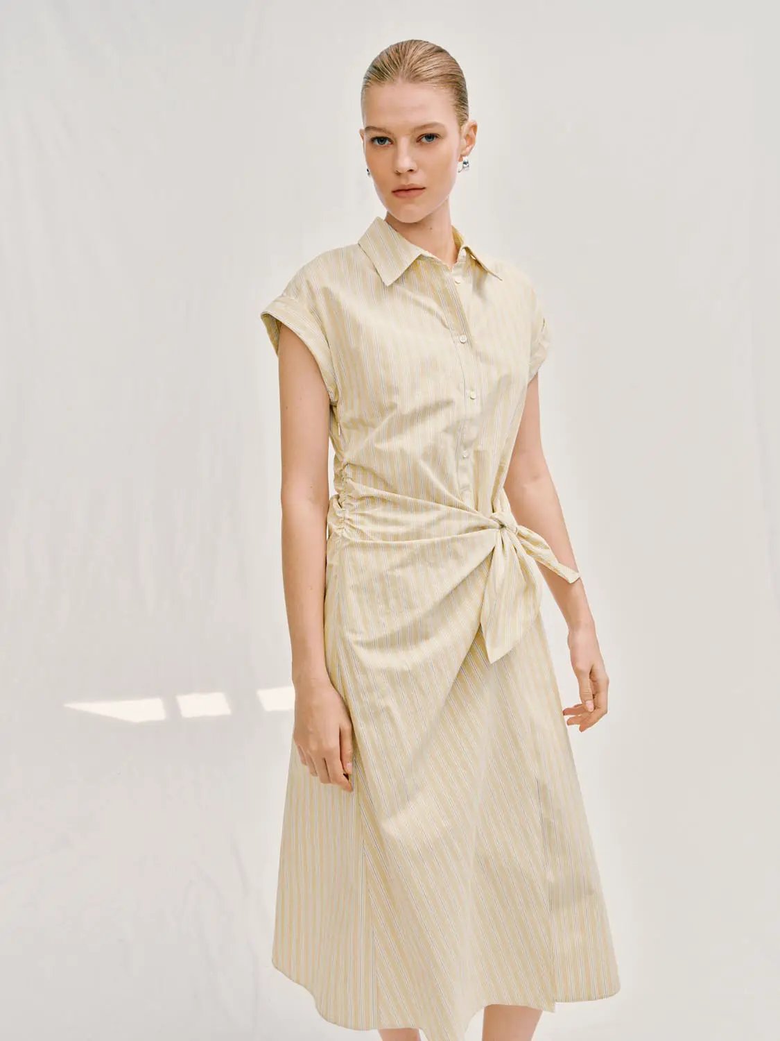 A-Line Dress, beige striped with waist tie, knee-length, Urban Revivo Fashion