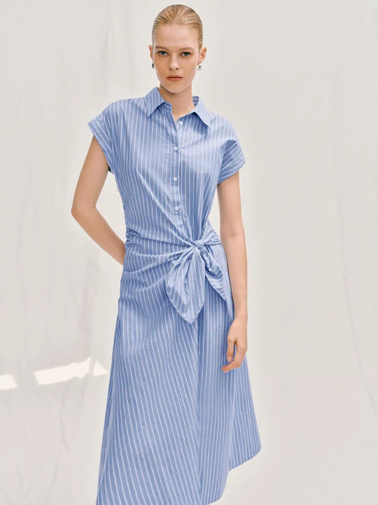 Striped A-line Shirt Collar Waist Tie Cotton Dress