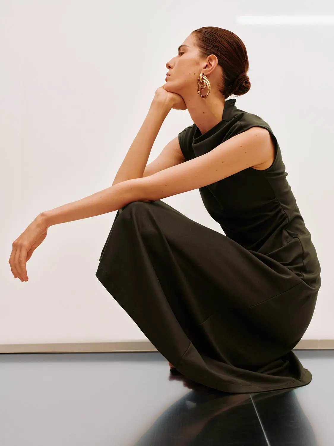 A-Line dress by Urban Revivo Fashion in dark olive green, floor-length.