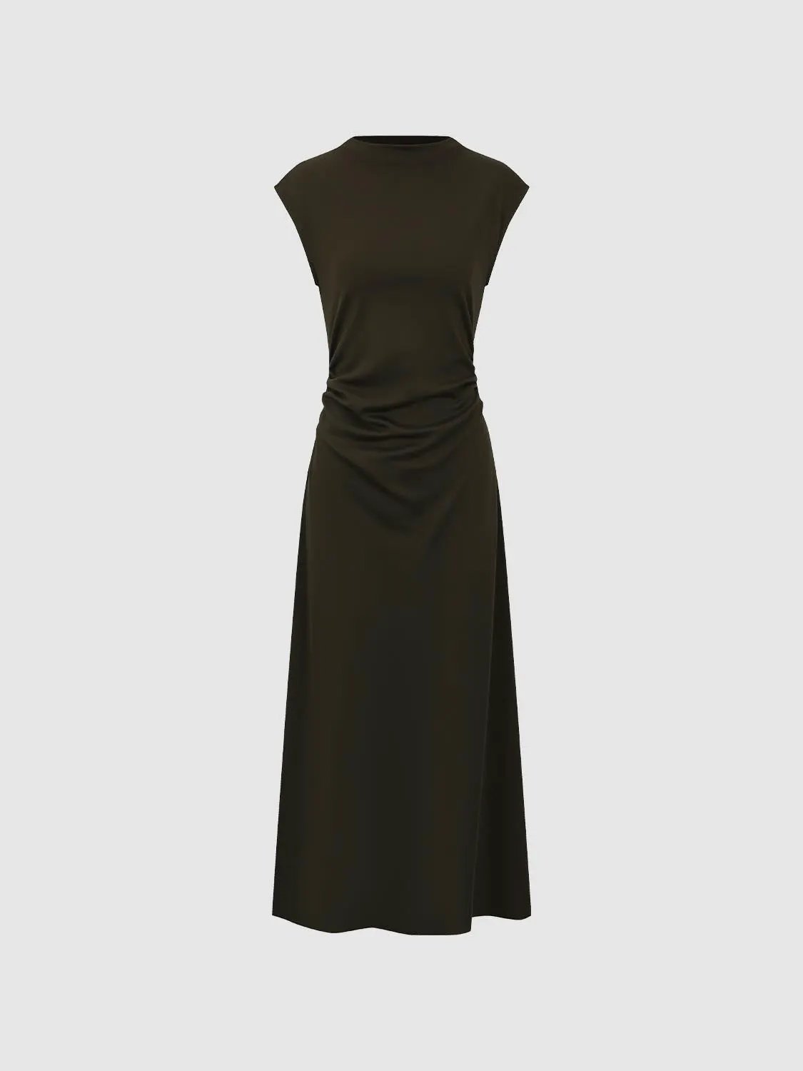 A-line dress in olive green with ruched waist and floor-length silhouette.