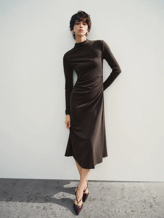 Asymmetric Draped Mock Neck Long Sleeve Midi Dress