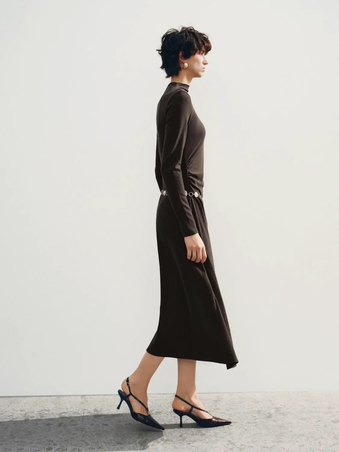 A-Line Dress in brown with long sleeves, high neck, midi length, silver waist chain belt