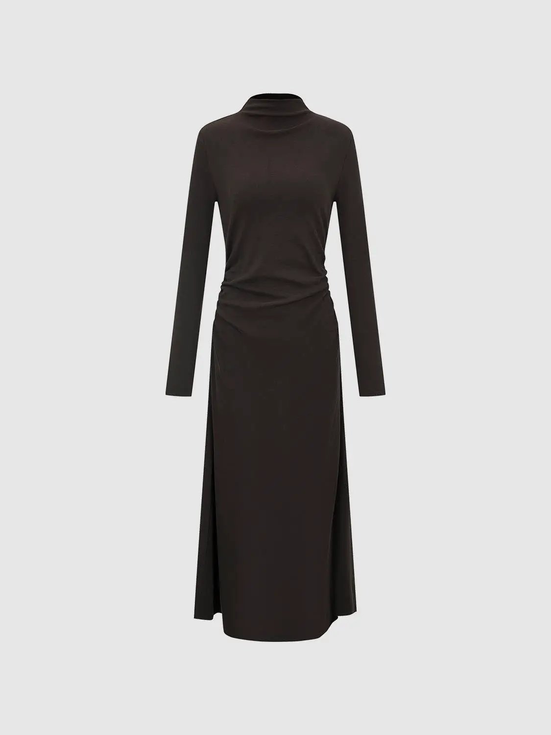 A-Line Dress in black with long sleeves, high neckline, and side ruching