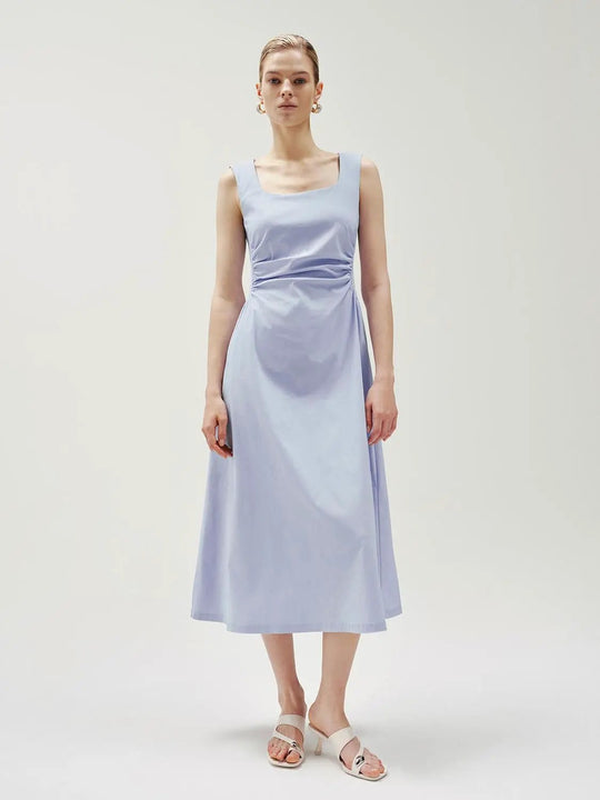 Ruched Waist Square Neck Sleeveless A-line Midi Dress
