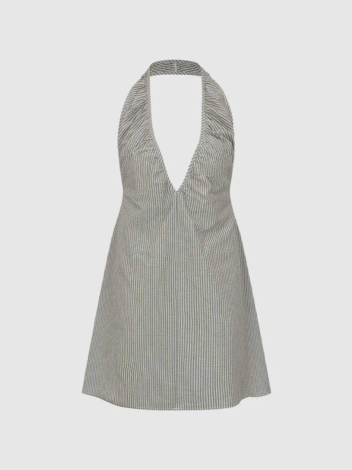 A-line dress with halter-style neckline in grey and white striped fabric