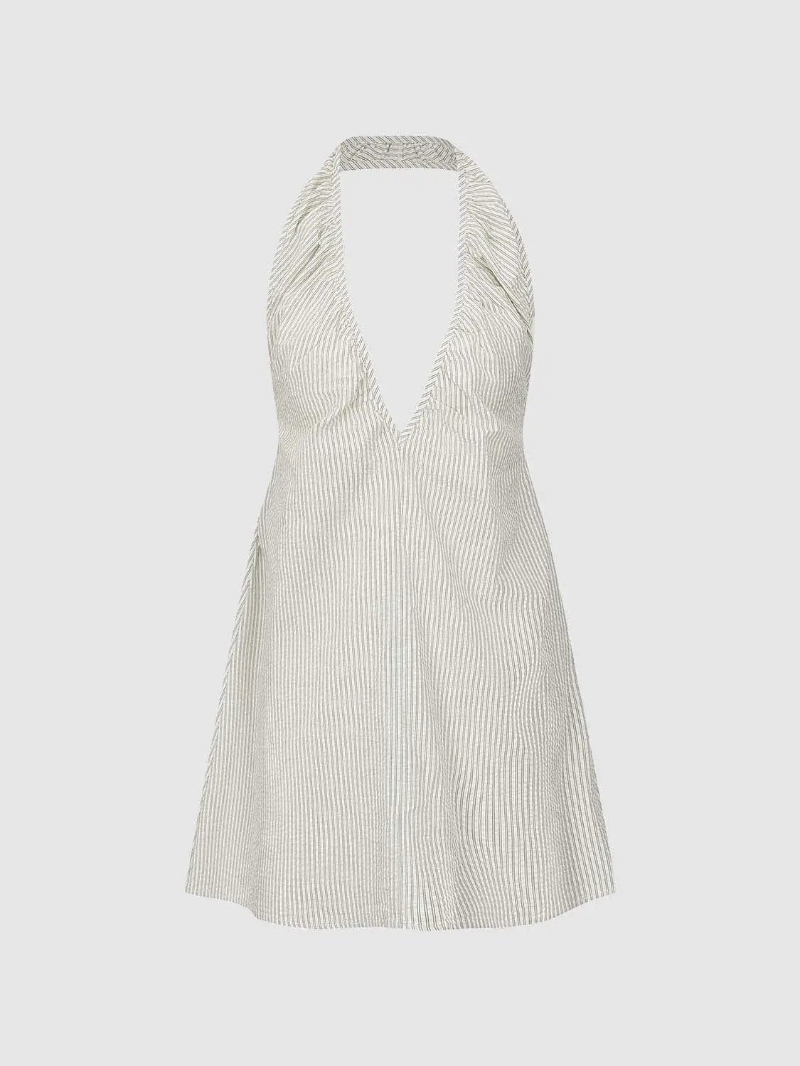 A-line striped halter-neck dress with plunging V neckline in white-beige pinstripes