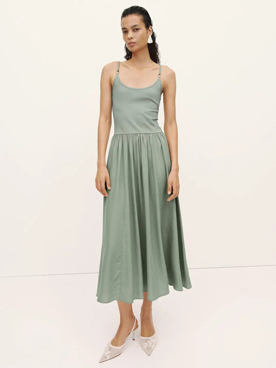 U Neck Adjustable Spaghetti Strap Gathered A-Line Midi Dress