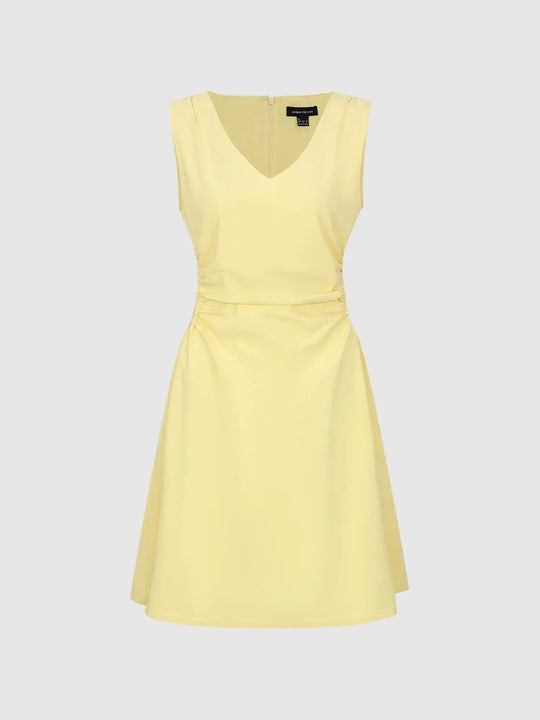 Ärmelloses ausgestelltes A-Linien-Kleid mit geraffter Taille und V-Ausschnitt