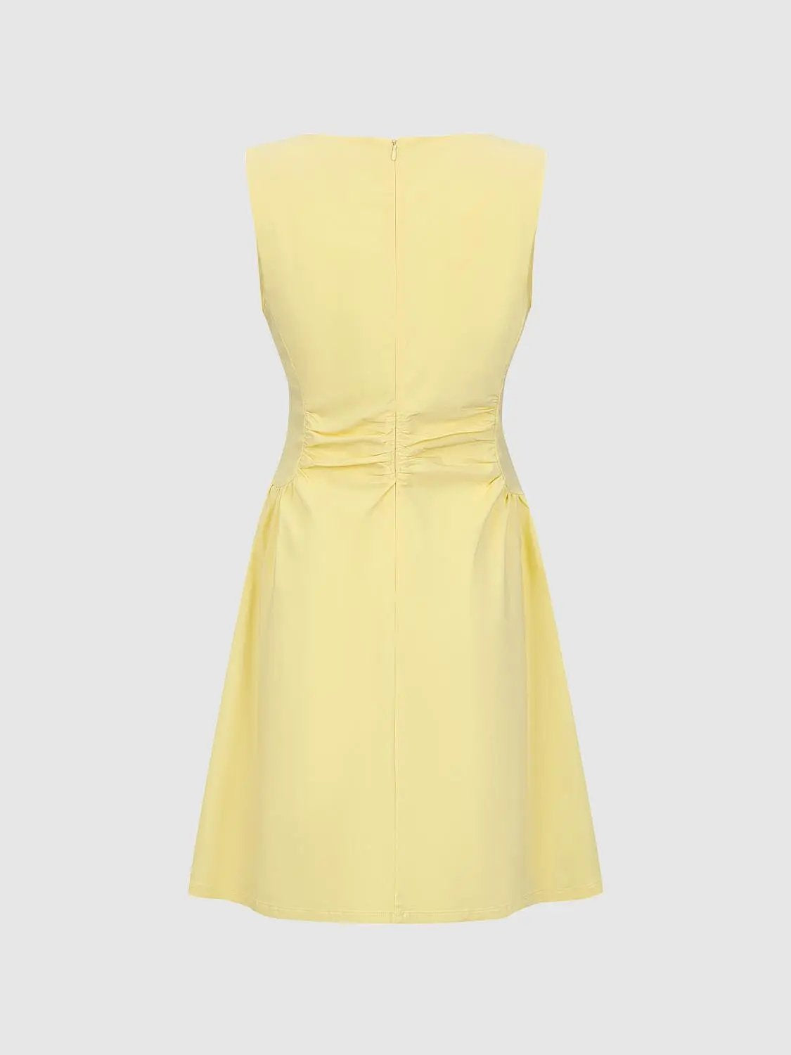 A-Line Dress in pale yellow, sleeveless with back zipper and ruched waist, knee-length
