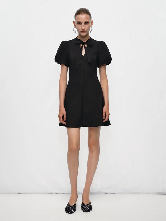 Tie Neck Short Sleeve A-line Dress