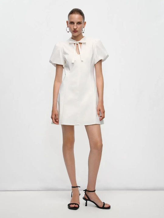 Cotton Blend Puff Sleeve Tie Neck Dress