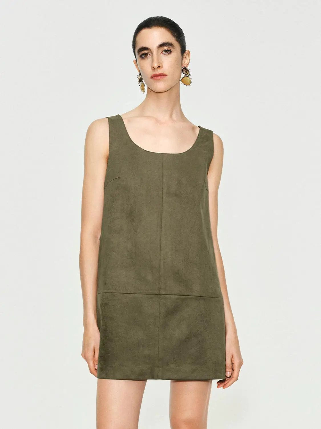 Panelled Straight Hem A-Line Sleeveless Mini Dress in olive green suede-like fabric