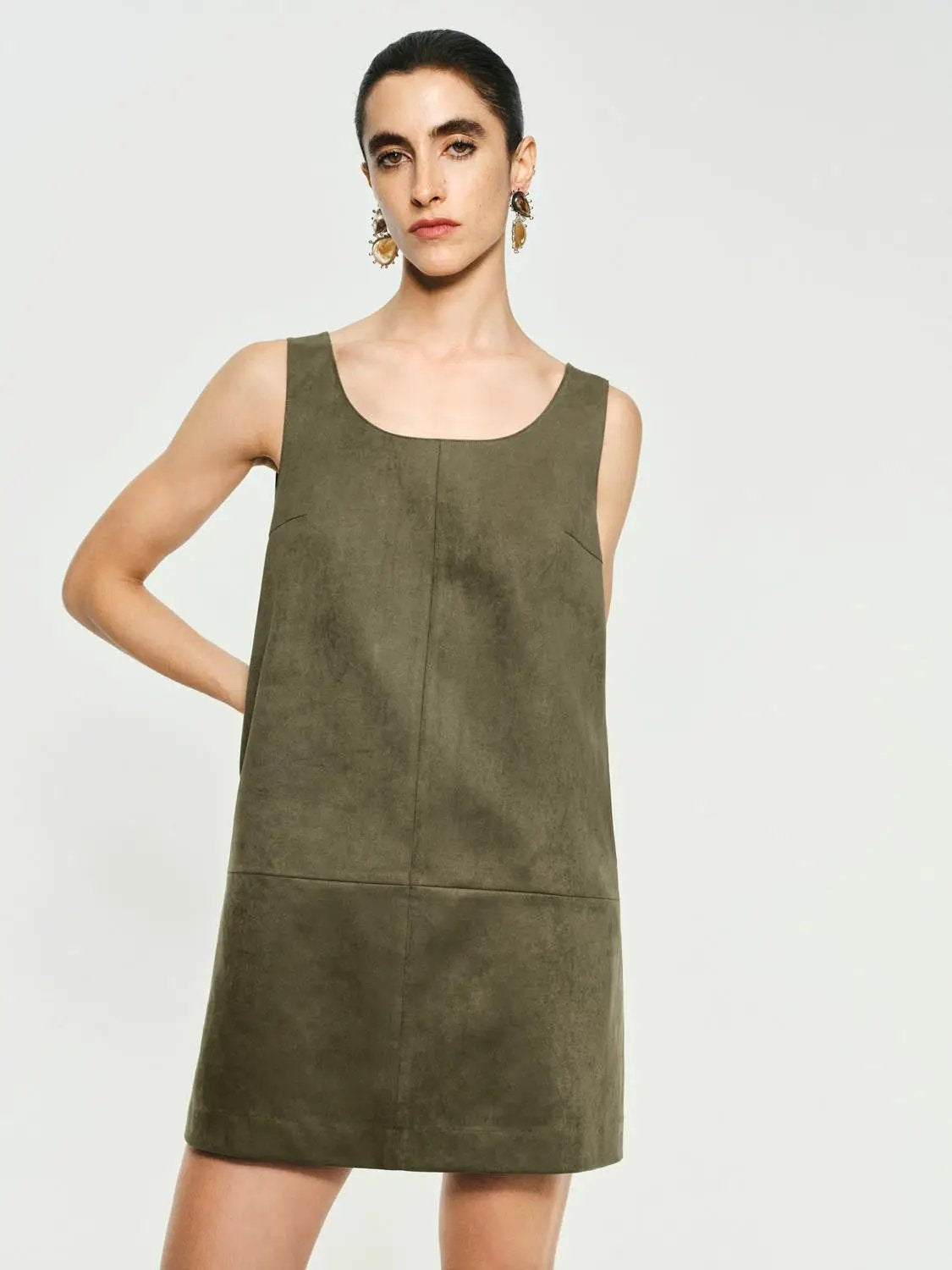 Panelled straight-hem A-line sleeveless mini dress in olive-green